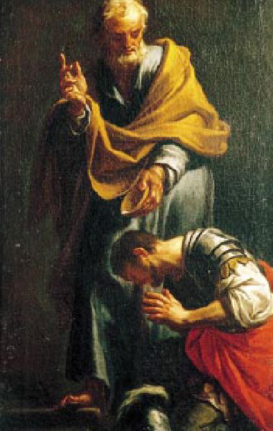 Peter baptizes Cornelius.